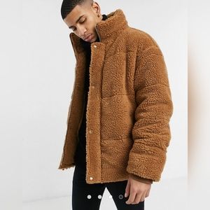 Barney's Originals oversized teddy padded jacket in rich brown